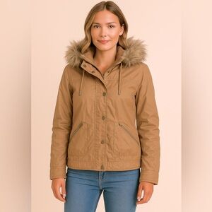 Y2K Aeropostale Full Zip and Button Front Jacket with Faux Fur Trim Hood